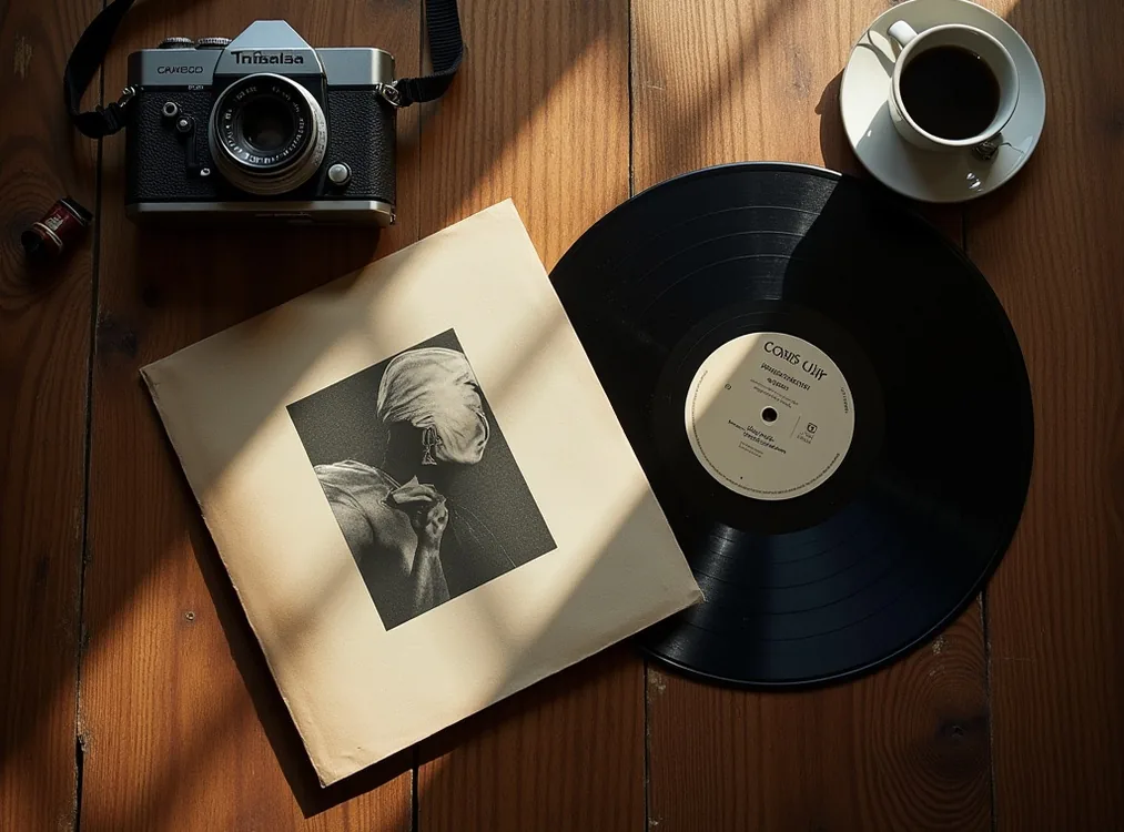 Flat lay vinile e fotocamera